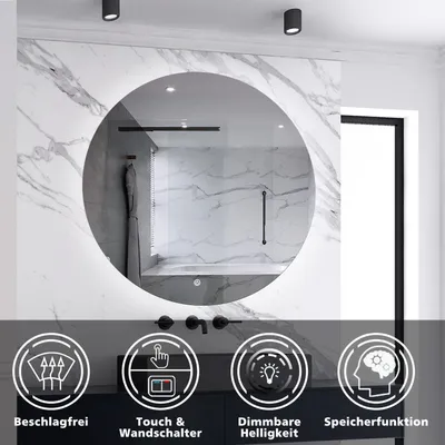 A modern bathroom with a round LED mirror mounted on a marble-patterned wall. Below the mirror are icons representing product features.