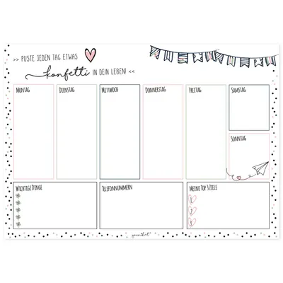 Immagine prodotto di Sottopiano da scrivania con frase I Il mio planner settimanale con motivo a coriandoli I formato A3 I 25 fogli I carta I colorato I regalo per l'ufficio e la scuola I dv_783