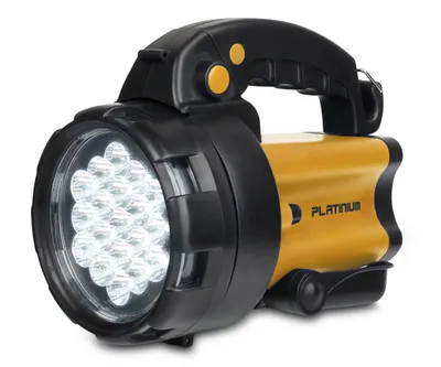 A yellow and black LED flashlight is shown against a white background.