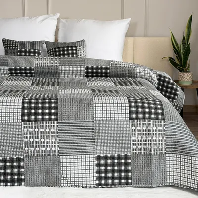 Produktbild von Tagesdecke Zweiseitige Bettüberwurf Allzweckdecke Steppdecke TAVIRA Sofa Bett Decken XXL Grau Schwarz (3 TLG Set) 220x240cm + 2 Kissenbezüge 40x40 cm