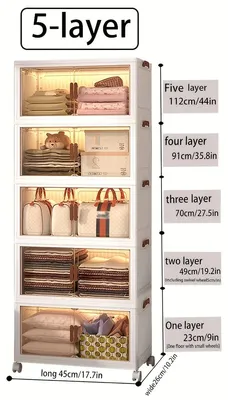 Zdjęcie produktu dla Szafka do przechowywania – Składana szafka z tworzywa sztucznego z 5 półkami – Z kółkami ułatwiającymi przesuwanie – Meble do salonu – 112x45x26 cm