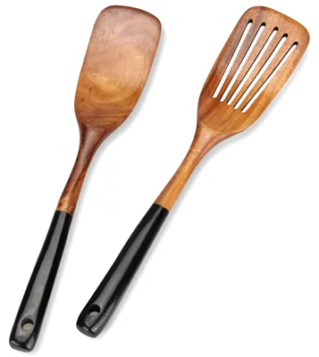 Image de Set de spatules et de cuillères de cuisine - Ensemble de 5 ustensiles de cuisine en bois - Pour la cuisson et la friture