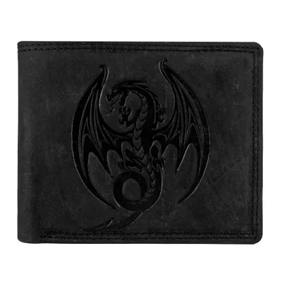 Produktbild von RFID Büffelleder Portemonnaie Echtleder Geldbörse Drachen Motiv in Schwarz