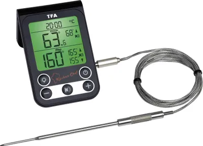 A digital thermometer with a probe and cable is displayed against a white background.