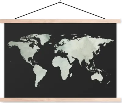 Produktbild von MuchoWow® Textilposter Weltkarte - Grau - Schwarz 120x80 cm mit holzfarbenen Rahmen - Aufhängeset