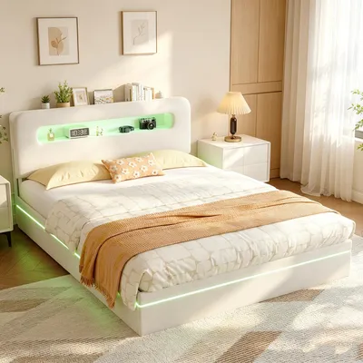 Obrázek produktu pro Postel INONEFT, rozměr 160x200 cm, čalouněná, s úložným prostorem a LED osvětlením, hydraulický úložný prostor, dvojlůžko, rám postele, postel s roštem, samet, béžová barva