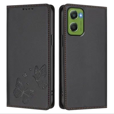 Produktbild von Lederhülle für Motorola Moto G06, Schmetterling Prägung Leder Brieftasche Schutzhülle mit Ständer Schwarz