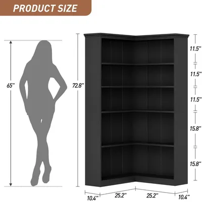 Produktbild von L-förmiges Eckregal - Bücherregal 5 Ebenen - 185 cm hohes Holzregal - Offenes Stauraum- und Ausstellungsregal - Schwarz