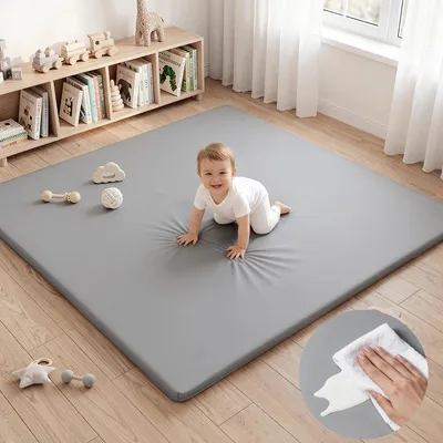 Produktbild von Comomy Baby Spielmatte 127x127cm Einfarbig Leder Krabbelmatte Weich Gepolstert Abwischbar Bodenmatte für Babys Laufgitter Grau