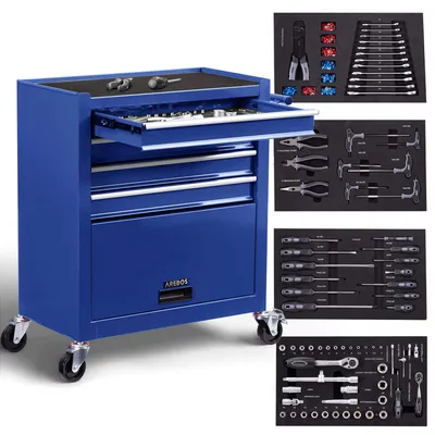Image de AREBOS Servante d'atelier, 4 tiroirs, 81 outils, tapis antidérapants, rouge/bleu