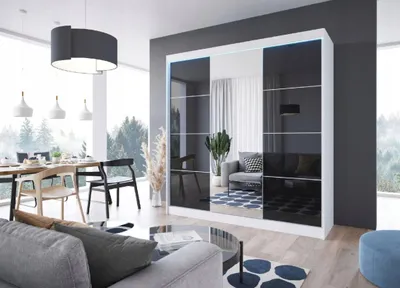 Zdjęcie produktu dla Duża szafa przesuwna LACO 180cm biała - fronty szkło lacobel w 3 kolorach do wyboru, duże lustro, w komplecie z półkami, drążkami, prosty montaż