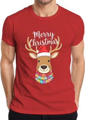Produktbild von Merry Christmas Weihnachten Rentier Nikolausmütze niedlich bunt Herren T-Shirt, Rot, L