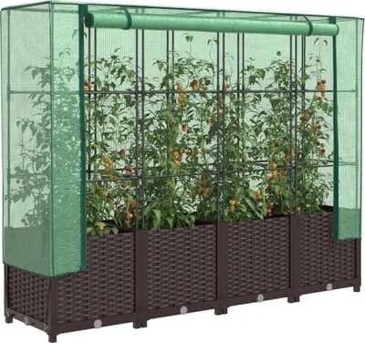 A raised garden bed with a greenhouse cover, filled with tomato plants.