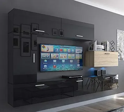 Produktbild von Furnitech Wohnwand Wohnzimmer - Wohnzimmer Möbel mit LED RGB - 16 Farben - Hängend Wohnwand Modern - Regale und TV Schrank (Future C10_HGM_BS_9 1B)