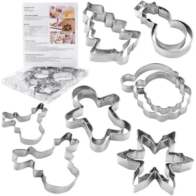 Immagine prodotto di Stampini per biscotti natalizi in acciaio inossidabile, set da 12 pezzi, con ricette. Motivi: pupazzo di neve, albero di Natale, alce, fiocco di neve