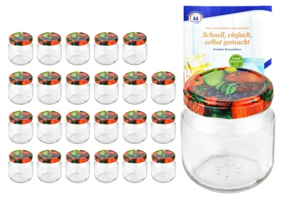 Zdjęcie produktu dla zestaw 24 okrągłych słoików 212 ml z pokrywkami nieder To 66 fruit decor wraz z książeczką z przepisami