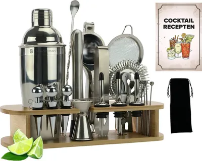 Produktbild von KitchenBrothers Cocktail Set - 25-teilig - Inkl. Cocktail Shaker (750 ml) - Komplett für Cocktailbar - Hellbraun/Bambus - Cocktailset - Mit Rezeptbuch - Geschenkverpackung