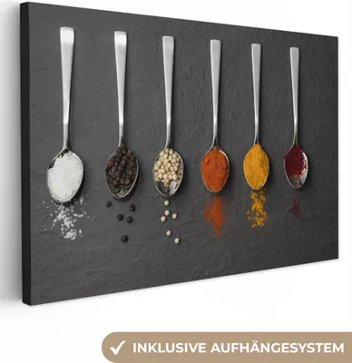 Produktbild von OneMillionCanvasses® - Leinwandbilder - 140x90 cm, Gewürze - Löffel - Tisch - Rustikal - Gewürze, Wandbilder Kunstdruck Wanddekoration