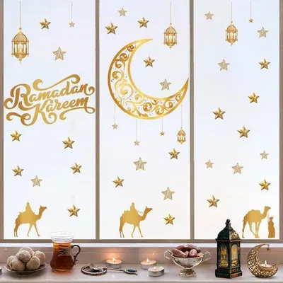 Image de Autocollants de fenêtre pour le ramadan, lune et étoiles, autocollants, dorés, fleurs