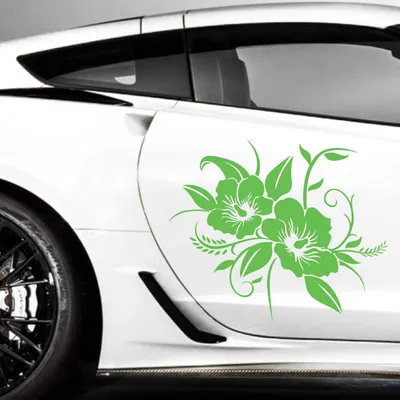 Produktbild von Aufkleber - 2er Set Autoaufkleber "Hibiskusblüten" je 30cm x 36cm lindgrün - Tuning Carystyling Heckscheibe Auto