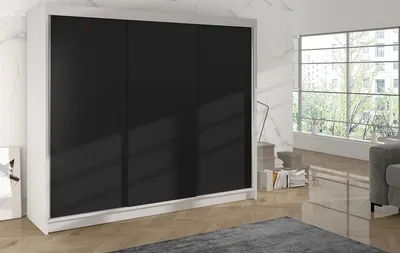 A modern wardrobe with black sliding doors in a room with large windows.