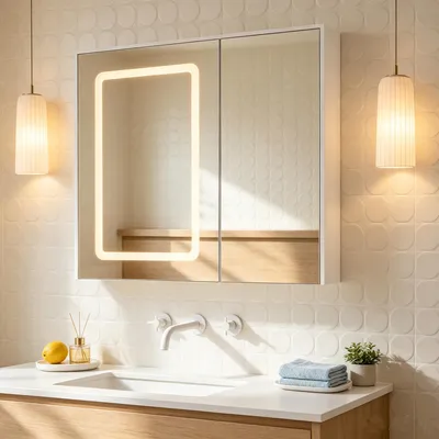 Produktbild von INONEFT Spiegelschrank Bad LED mit 3-Farben-Beleuchtung 70x13.5x60cm, 2-türig spiegelschrank mit beidseitigem Spiegel und Entfogging,Verstellbare,weiß