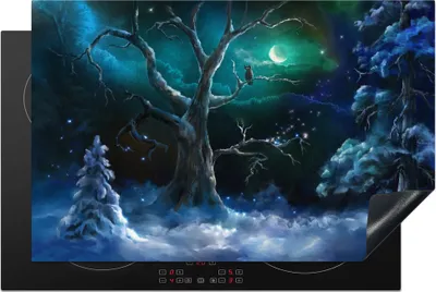 Produktbild von KitchenYeah© Herdabdeckplatte Eule - Schnee - Mond , 81x52cm, Küche Deko, Glaskeramikkochfeld Herdabdeckung, Abdeckplatte fùr Kochfeld