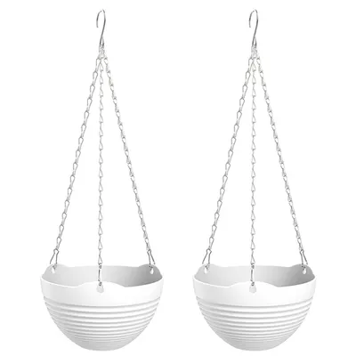 Two white hanging planters with chains against a white background.