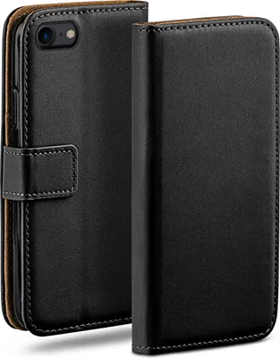 A black leather flip case for an iPhone is shown from the front.