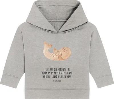 Produktbild von Mr. & Mrs. Panda Organic Baby Hoodie Robbe Liegen 12. - 18. Monat - Heather Grey - Geschenk, Kapuzensweatshirt, Lachen, Ostsee, Strand, Nordsee, Kapuzenshirt, Seehund