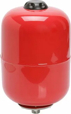 A red expansion vessel with a black cap on top, isolated on a white background.