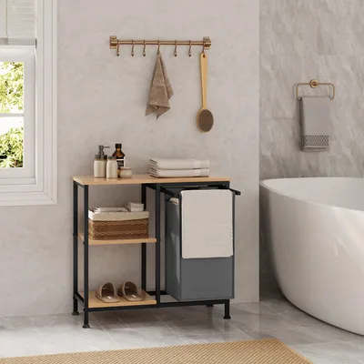 Produktbild von Wäschekorb mit Badregal - Badezimmerregal - 31-l-Wäschesack - Abnehmbarer Wäschesack - Metallgestell - 70 × 65 × 30 cm - Schwarz und helle Eiche