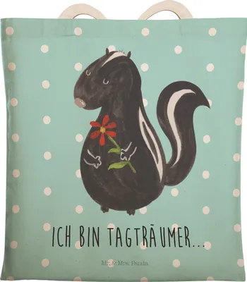 Produktbild von Mr. & Mrs. Panda Einkaufstasche Stinktier Blume - Türkis Pastell - Geschenk, Beuteltasche, Skunk, Wildtier, Träume, Tasche, Dreams, Raubtier, Tote Bag, shopping