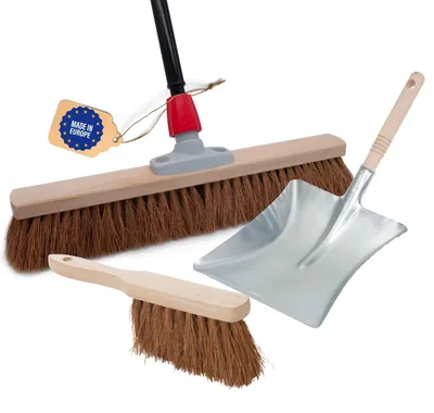 Produktbild von Novaliv Besen 40 cm mit Teleskopstiel Kokosbesen Haarmischung inkl. Kehrgarnitur verzinkt bestehend aus Kehrblech und Handfeger Besen Naturborsten Werkstattbesen Hallenbesen Hausbesen mit Stiel