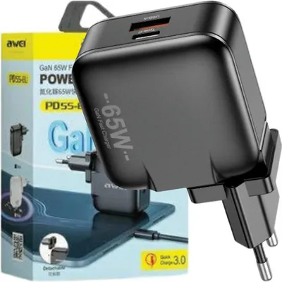 Zdjęcie produktu dla Awei Ład. Siec. Pd55-Eu 65W Usb + Usb-C Czarna/Black Gan