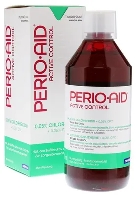 Produktbild von Mundspülung, Perio-Aid, Dentaid, Active Control, beugt Parodontitis und Periimplantitis vor, 0,05% Chlorhexidin + 0,05% CPC, 500ml