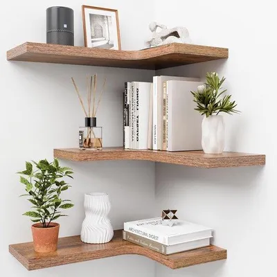 Produktbild von Famanu Wandregal Holz Eckregal Set L-Form Braun - Platzsparend für Wohnzimmer, Küche, Bad, Büro