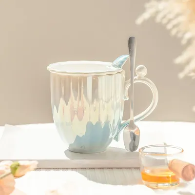 Produktbild von Keramiktasse, Frühstückstasse, Kaffeetasse, Tasse mit Deckel und Löffel, Trinkbecher, Wasserbecher, Blau 420ml /CZBKJBL/