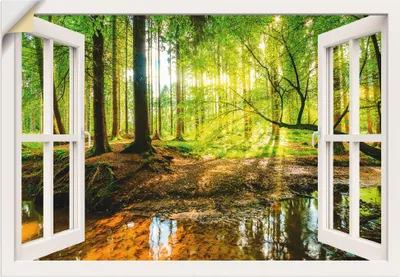Produktbild von ARTland Wandbild, selbstklebend Fensterblick - Wald mit Bach Größe: 70x50 cm