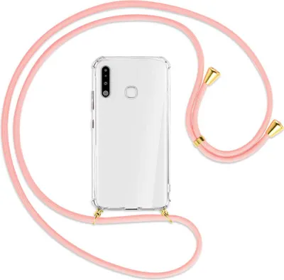 Produktbild von Handykette Backcover-Schutzhülle mit Band (Metall goldfarben) für Samsung Galaxy A70e - rosa