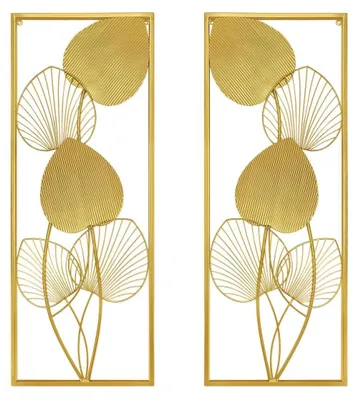 2er-Set goldene Metall-Blatt-Wandskulpturen, 81x30 cm, modern