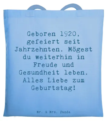 Produktbild von Mr. & Mrs. Panda Shopping Tasche Spruch 1920 Geburtstag - Sky Blue - Geschenk, Laptoptasche, Tote Bag, Glückwunsch, nostalgisches Geburtstagsgeschenk, festivaltasche