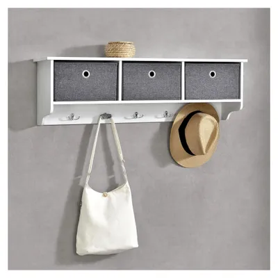 Produktbild von Wandgarderobe 100x20x30cm mit 3 Aufbewahrungsboxen und 5 Haken in Weiß/Grau