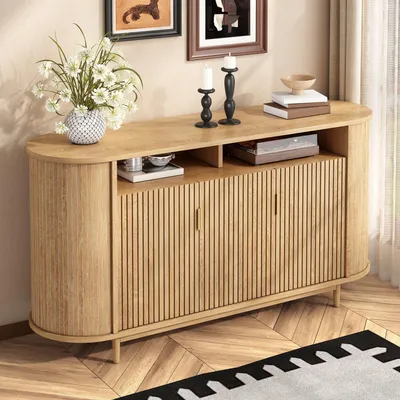 Immagine prodotto di Mobile contenitore STILVORA con 3 ante e aspetto in legno, credenza con struttura a linee verticali, armadio contenitore con gambe in legno di pino