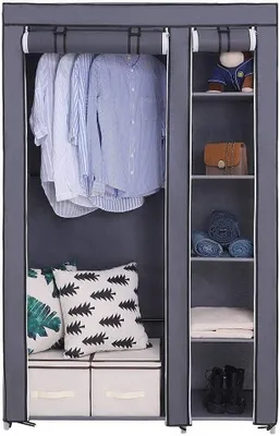 Produktbild von Stoffschrank, Kleiderschrank mit Kleiderstange und Ablagen, 5 Schichten, 170*107*42.5cm, Reißverschluss Seitentasche Fächern Steckschrank Garderobe