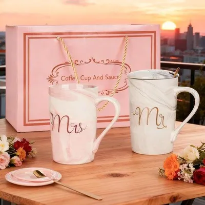 Image de Lot de 2 tasses à café en céramique - Cadeau de mariage - Lot de tasses en céramique pour un mariage, des fiançailles, un anniversaire de mariage, un anniversaire ou la Saint-Valentin