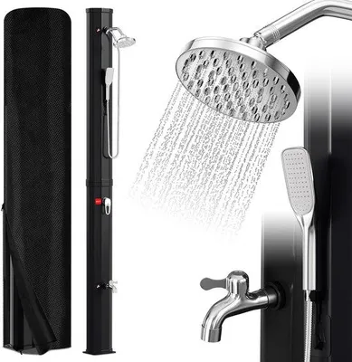 Produktbild von Solar-Zonnedouche mit integriertem runden Kopf, Montage-Set für Fußbad 40L, inkl. Schutzabdeckung und Handbrause.