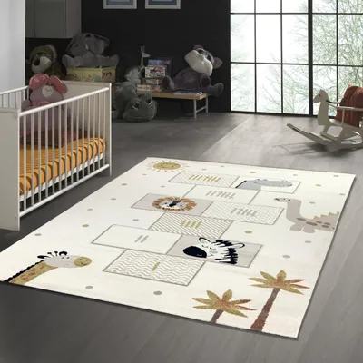 Immagine prodotto di Tappeto per bambini con animali e gioco a salti: morbido, facile da pulire e resistente, colore crema - Dimensioni: 160 x 230 cm