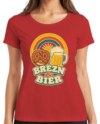 Zdjęcie produktu dla Brezn & Bier, koszulka damska z motywem , Bawaria, Wiesn, skórzane spodnie, sukienka Dirndl, czerwona, rozmiar M
