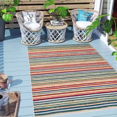 Produktbild von Carpeto Rugs Streifenmuster Outdoor Teppich Wetterfest für Balkon, Terasse - Balkon Teppich Wasserfest - Outdoorteppich Wetterfest - Aussenteppich Terrasse Groß - Mehrfarbig Bunt - 80 x 150 cm